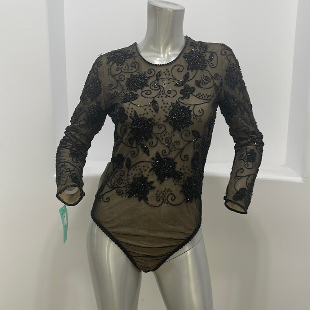 Bob Mackie Special Occasion Beaded Long Sleeve  Bodysuit Black Size S - Picture 10 of 14